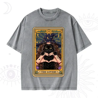 Purplehecate The Lover Tarot Witch Cat Washed T-Shirt