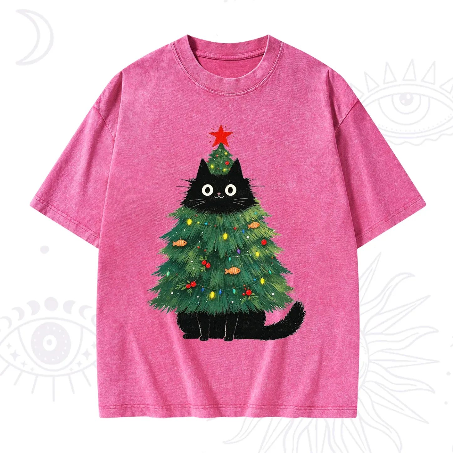 Purplehecate Black Cat Christmas Tree Washed T-Shirt