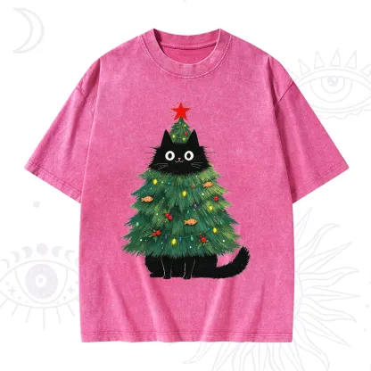 Purplehecate Black Cat Christmas Tree Washed T-Shirt