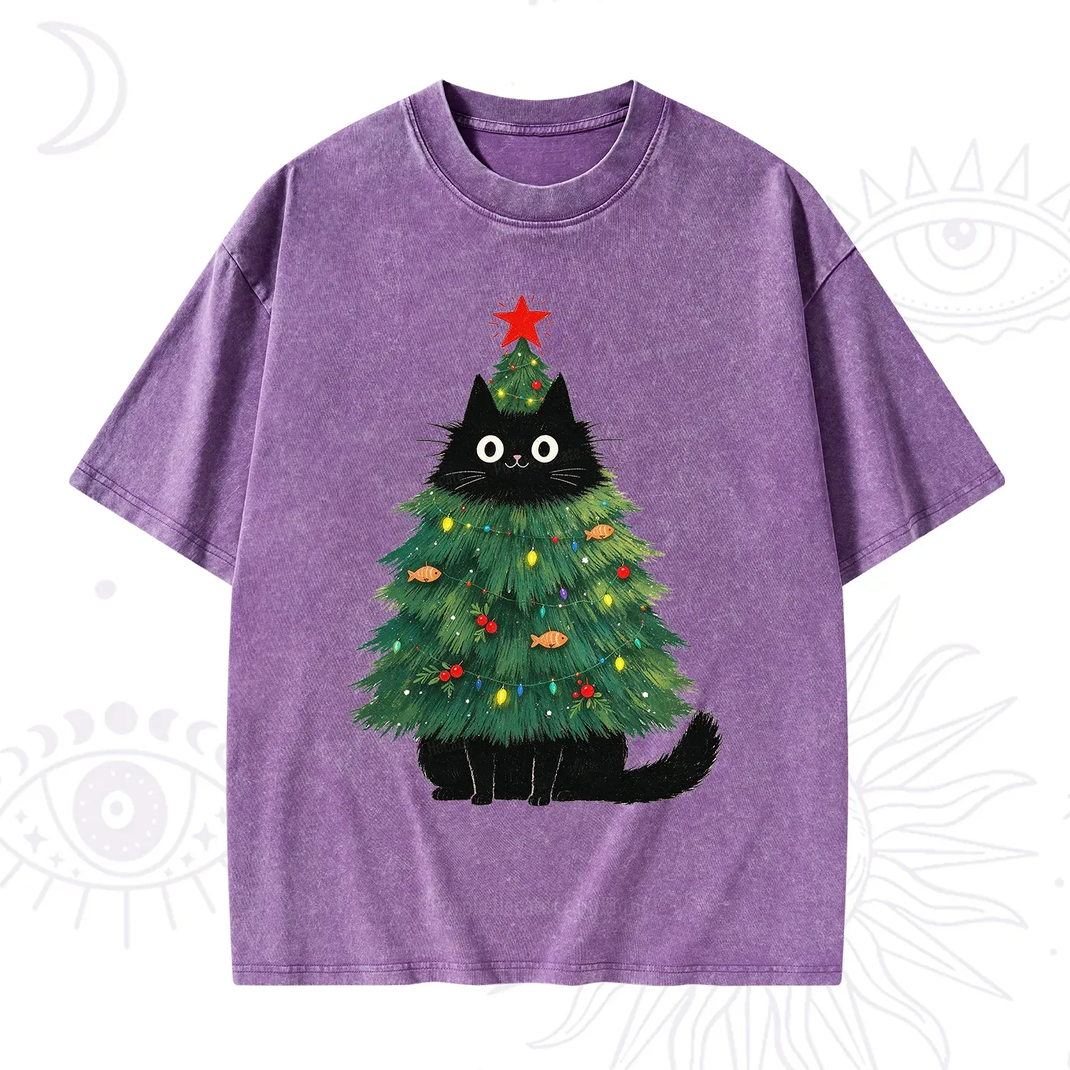 Purplehecate Black Cat Christmas Tree Washed T-Shirt