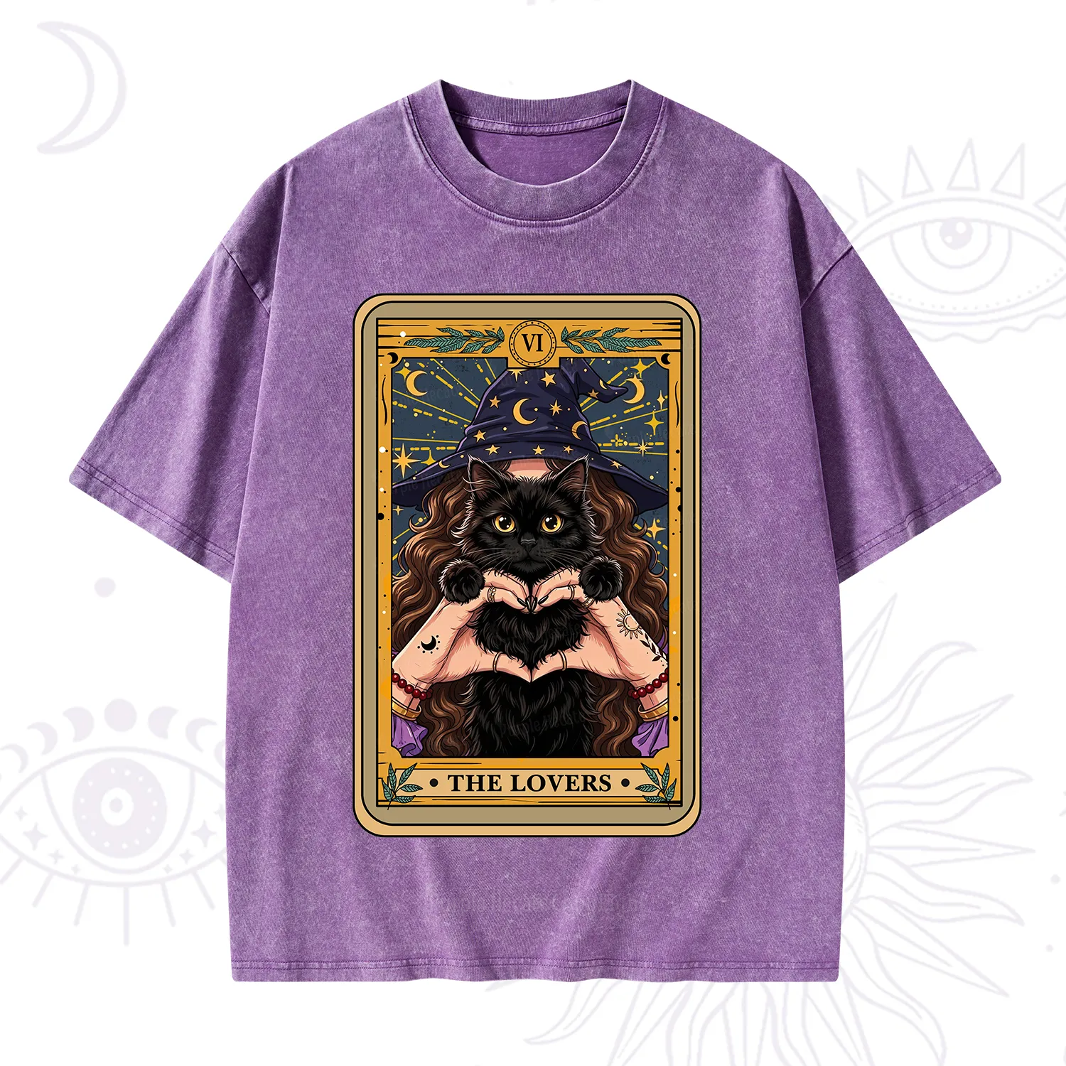 Purplehecate The Lover Tarot Witch Cat Washed T-Shirt