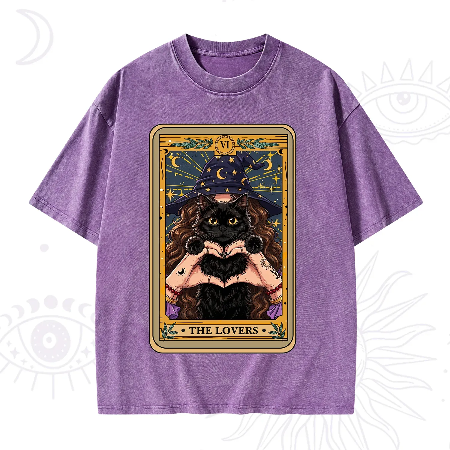 Purplehecate The Lover Tarot Witch Cat Washed T-Shirt