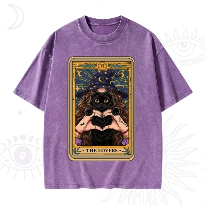 Purplehecate The Lover Tarot Witch Cat Washed T-Shirt