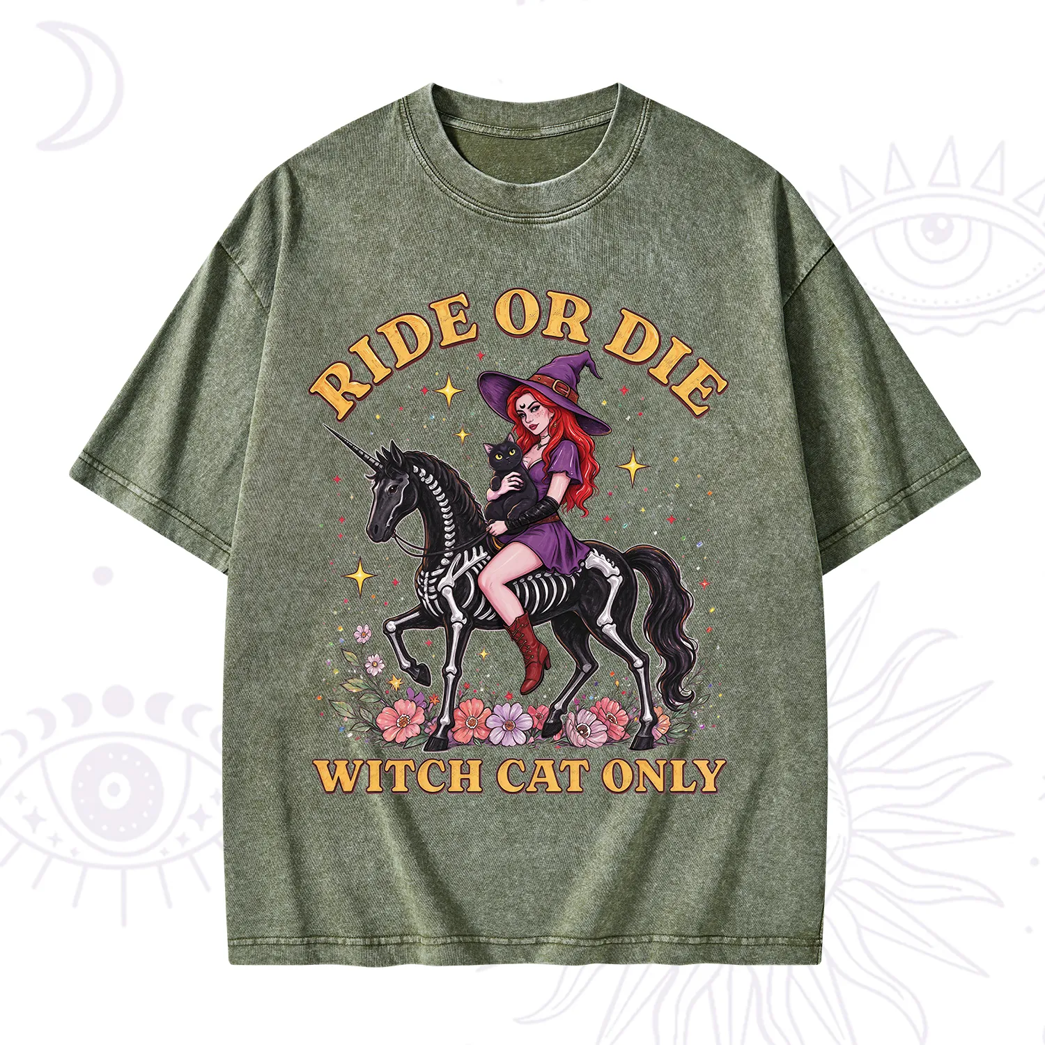 Purplehecate Ride Or Die Witch Cat Only Washed T-Shirt