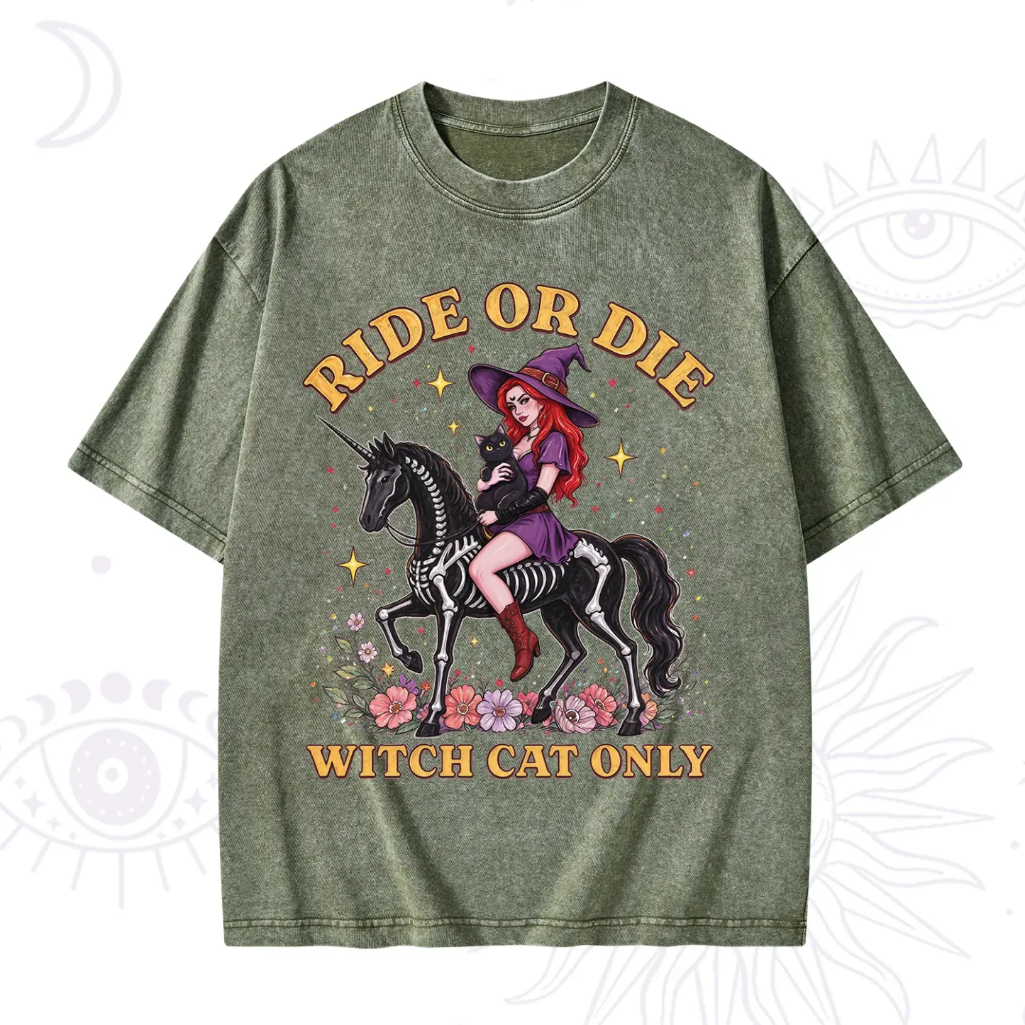 Purplehecate Ride Or Die Witch Cat Only Washed T-Shirt