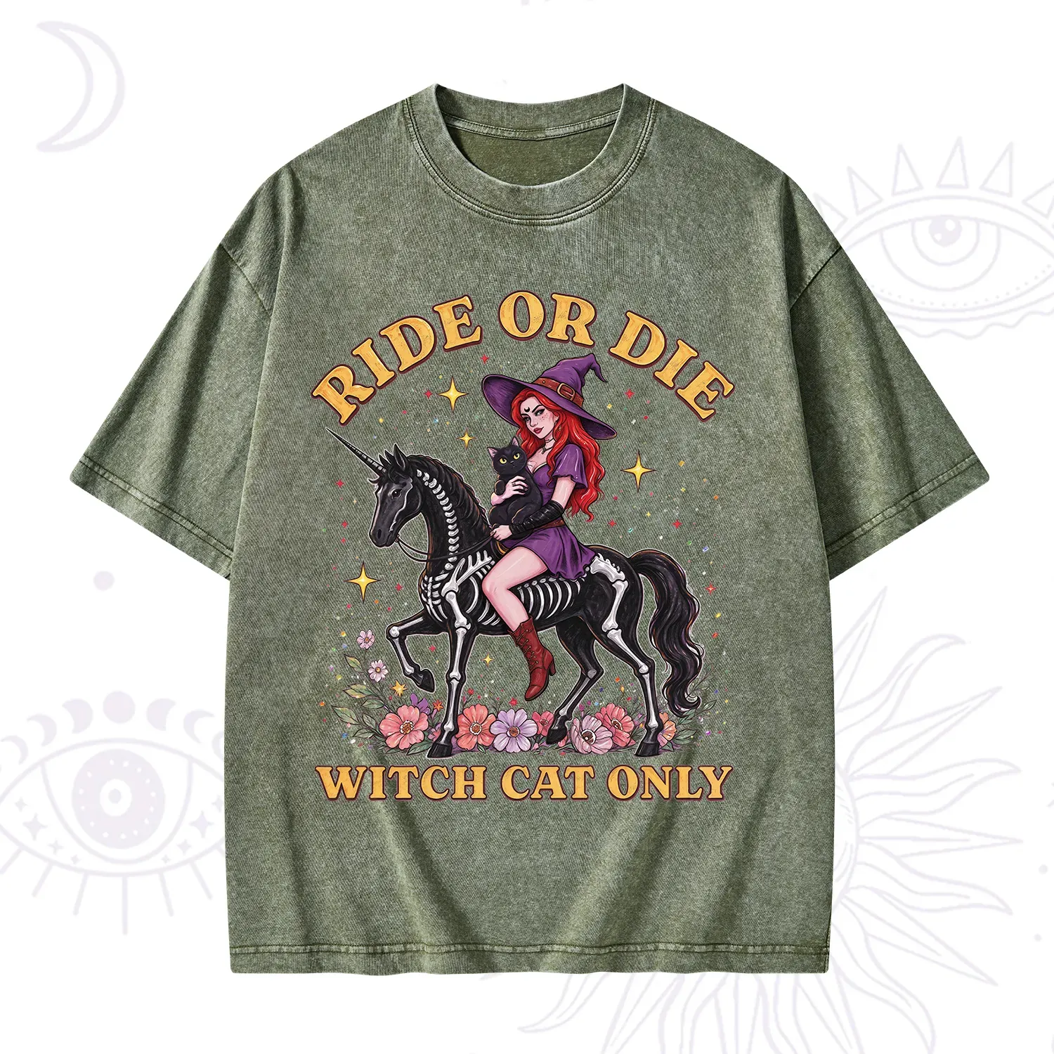 Purplehecate Ride Or Die Witch Cat Only Washed T-Shirt