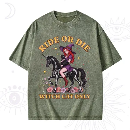 Purplehecate Ride Or Die Witch Cat Only Washed T-Shirt