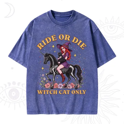Purplehecate Ride Or Die Witch Cat Only Washed T-Shirt