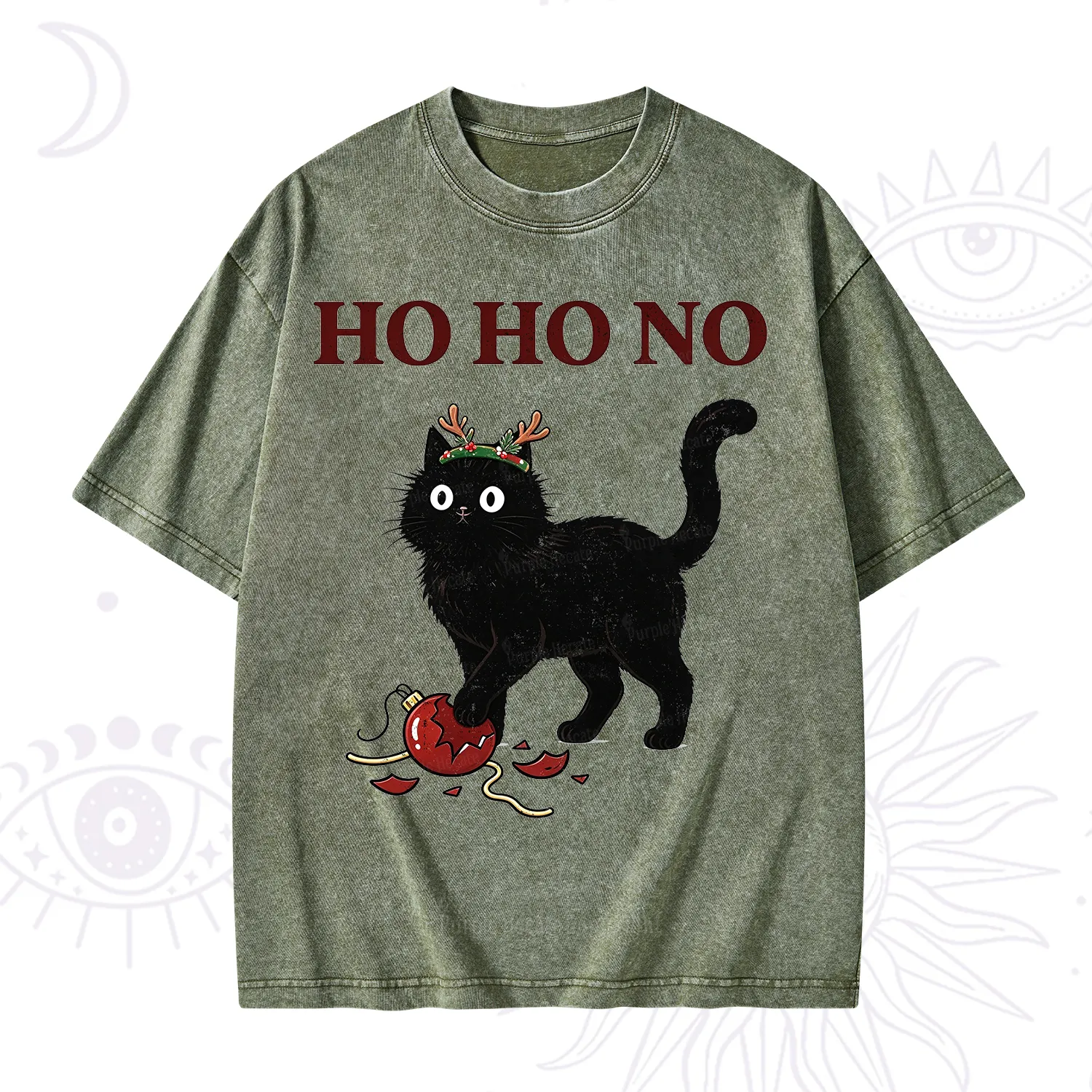 Purplehecate Black Cat Antlers Christmas Washed T-Shirt