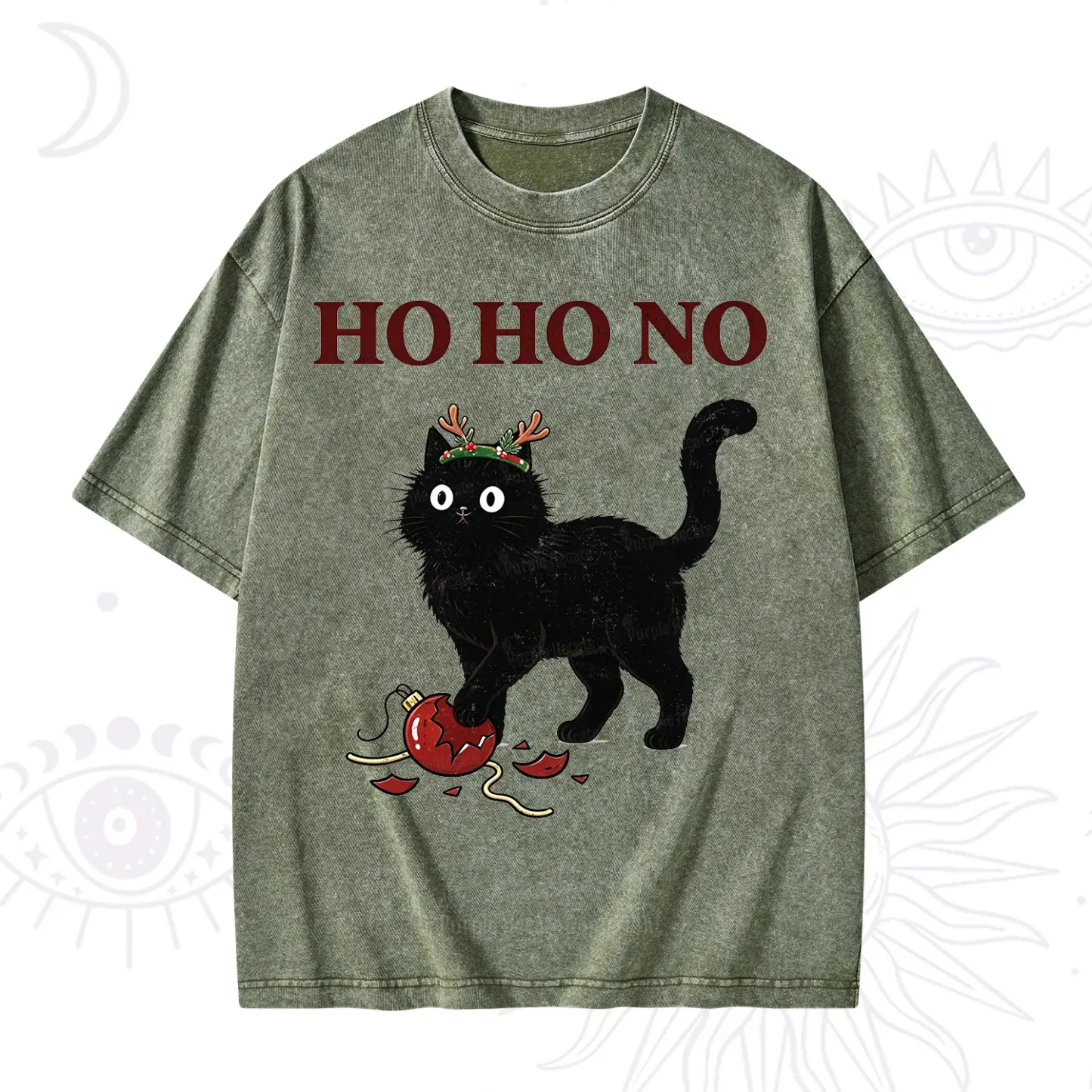 Purplehecate Black Cat Antlers Christmas Washed T-Shirt