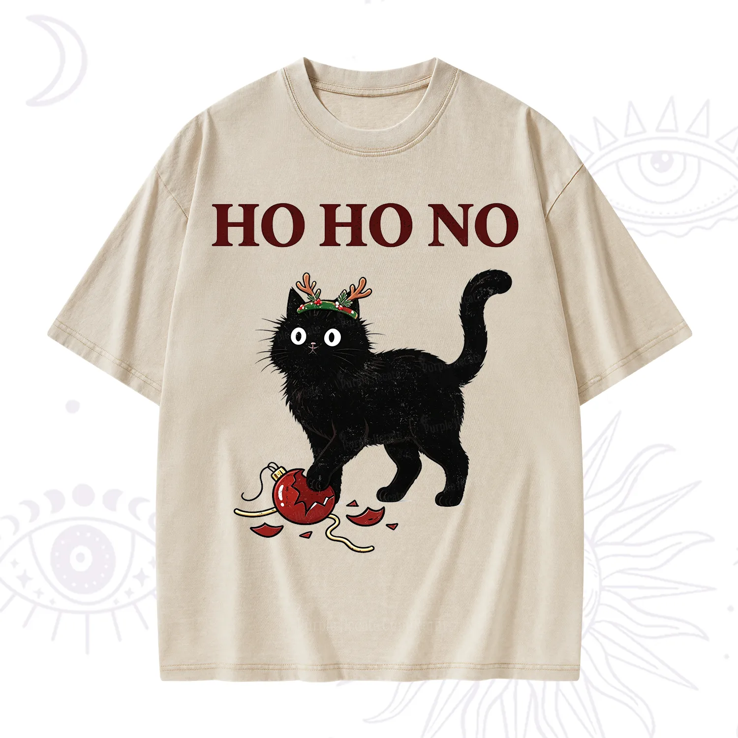 Purplehecate Black Cat Antlers Christmas Washed T-Shirt