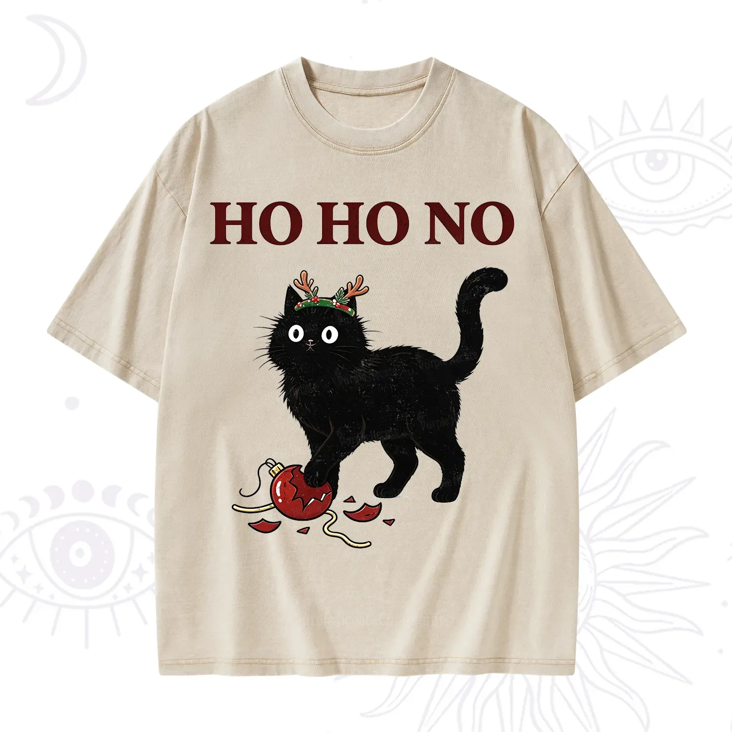 Purplehecate Black Cat Antlers Christmas Washed T-Shirt