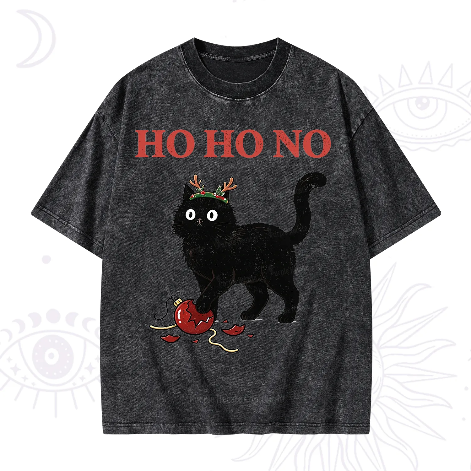 Purplehecate Black Cat Antlers Christmas Washed T-Shirt