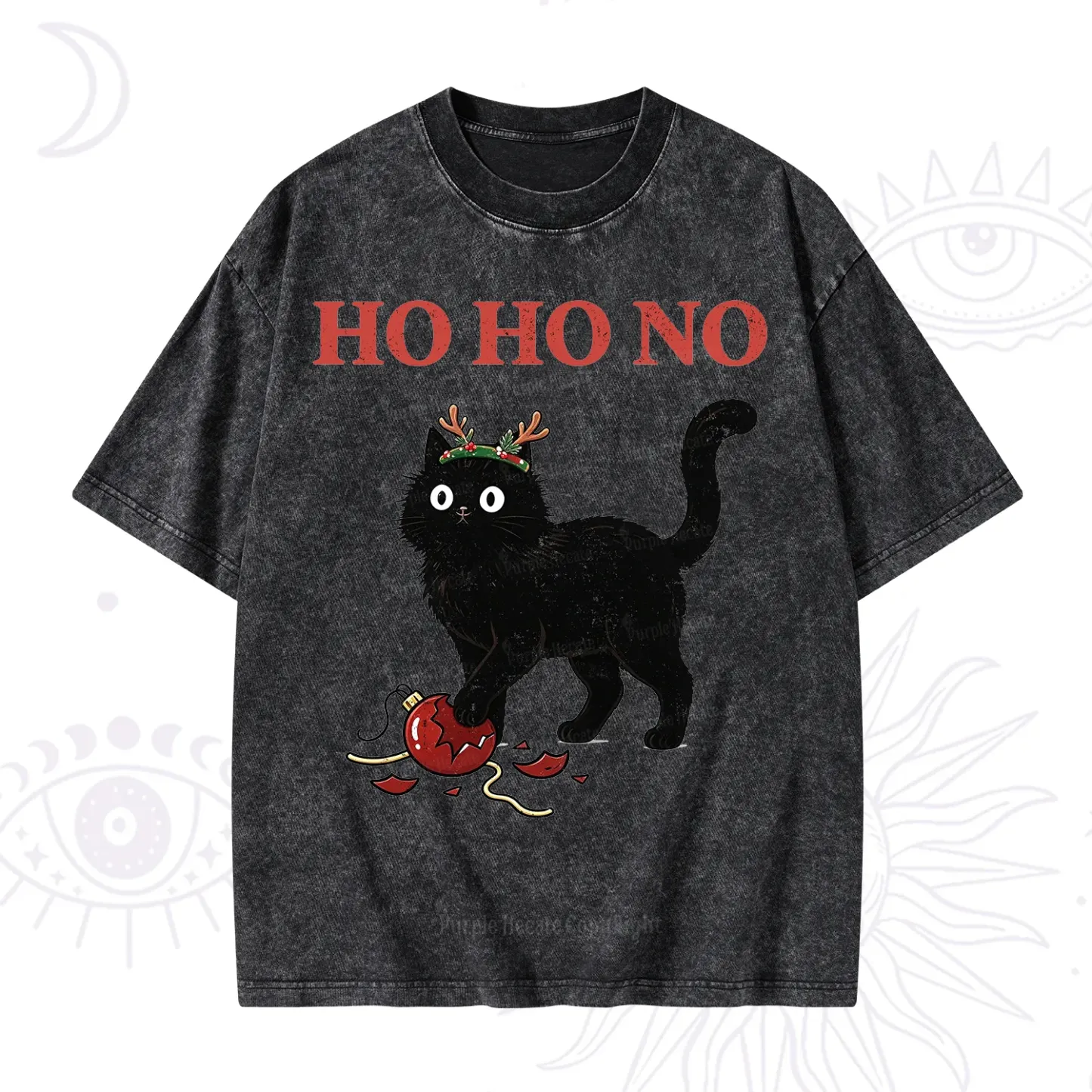 Purplehecate Black Cat Antlers Christmas Washed T-Shirt