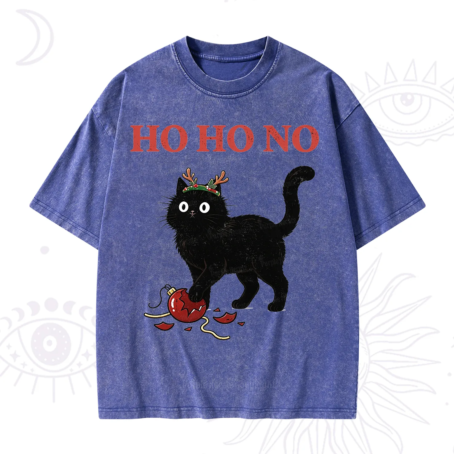 Purplehecate Black Cat Antlers Christmas Washed T-Shirt
