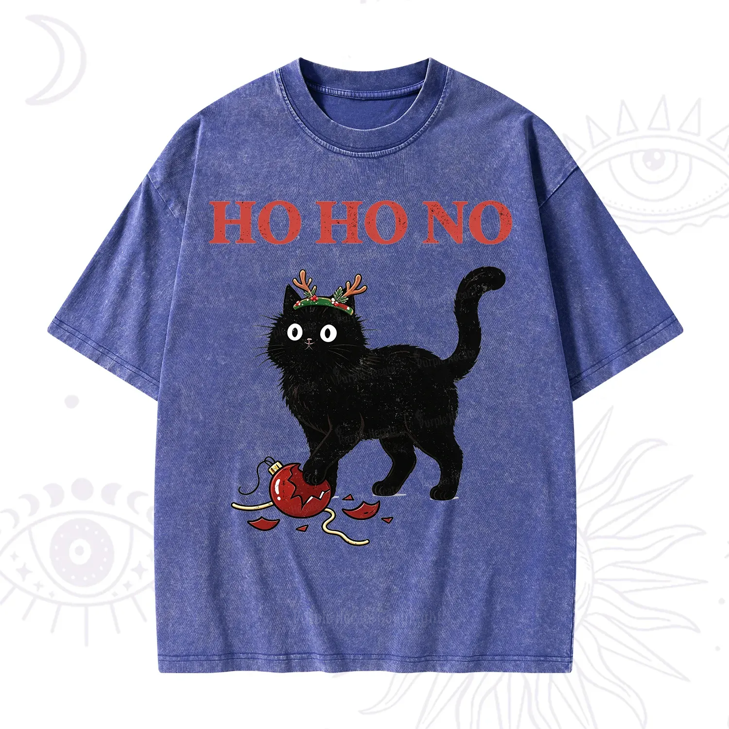 Purplehecate Black Cat Antlers Christmas Washed T-Shirt