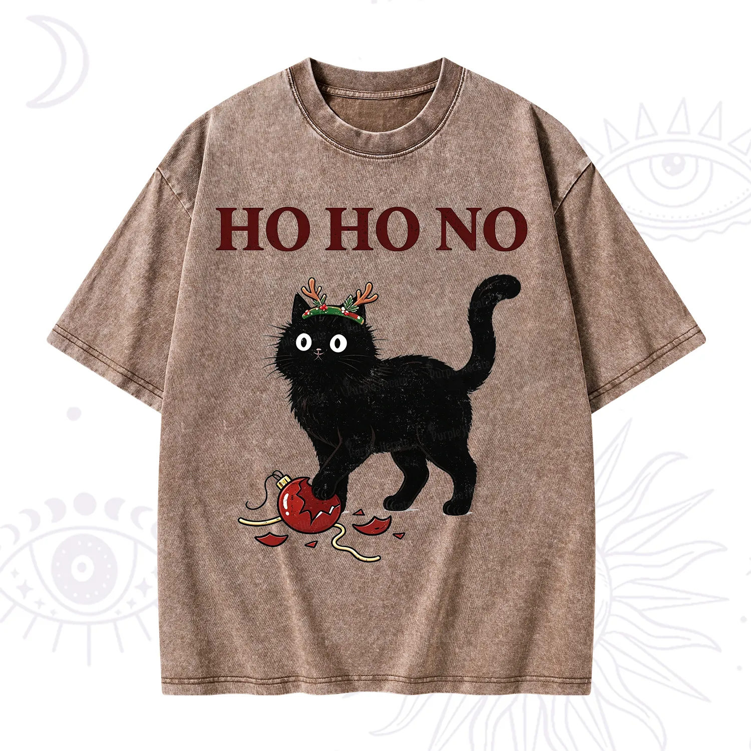 Purplehecate Black Cat Antlers Christmas Washed T-Shirt