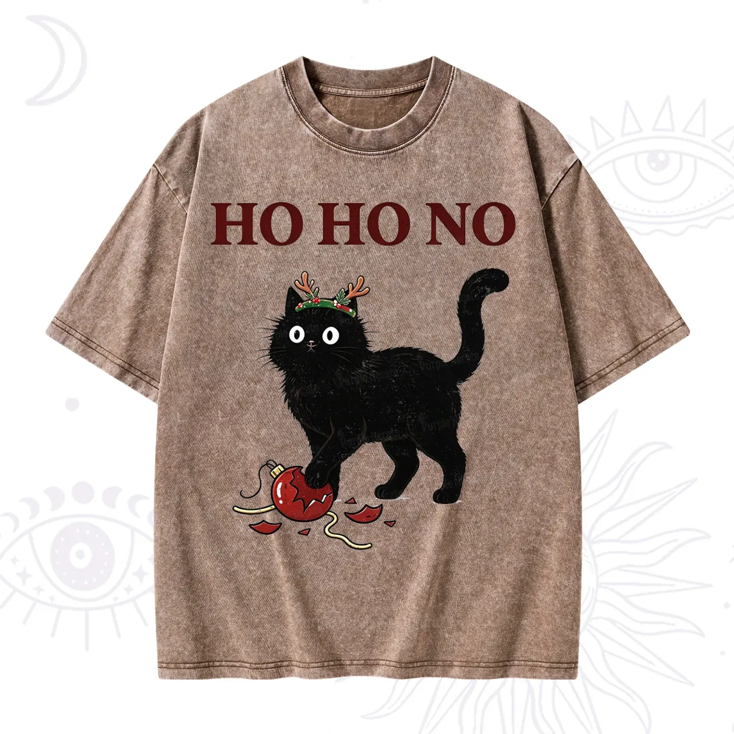 Purplehecate Black Cat Antlers Christmas Washed T-Shirt