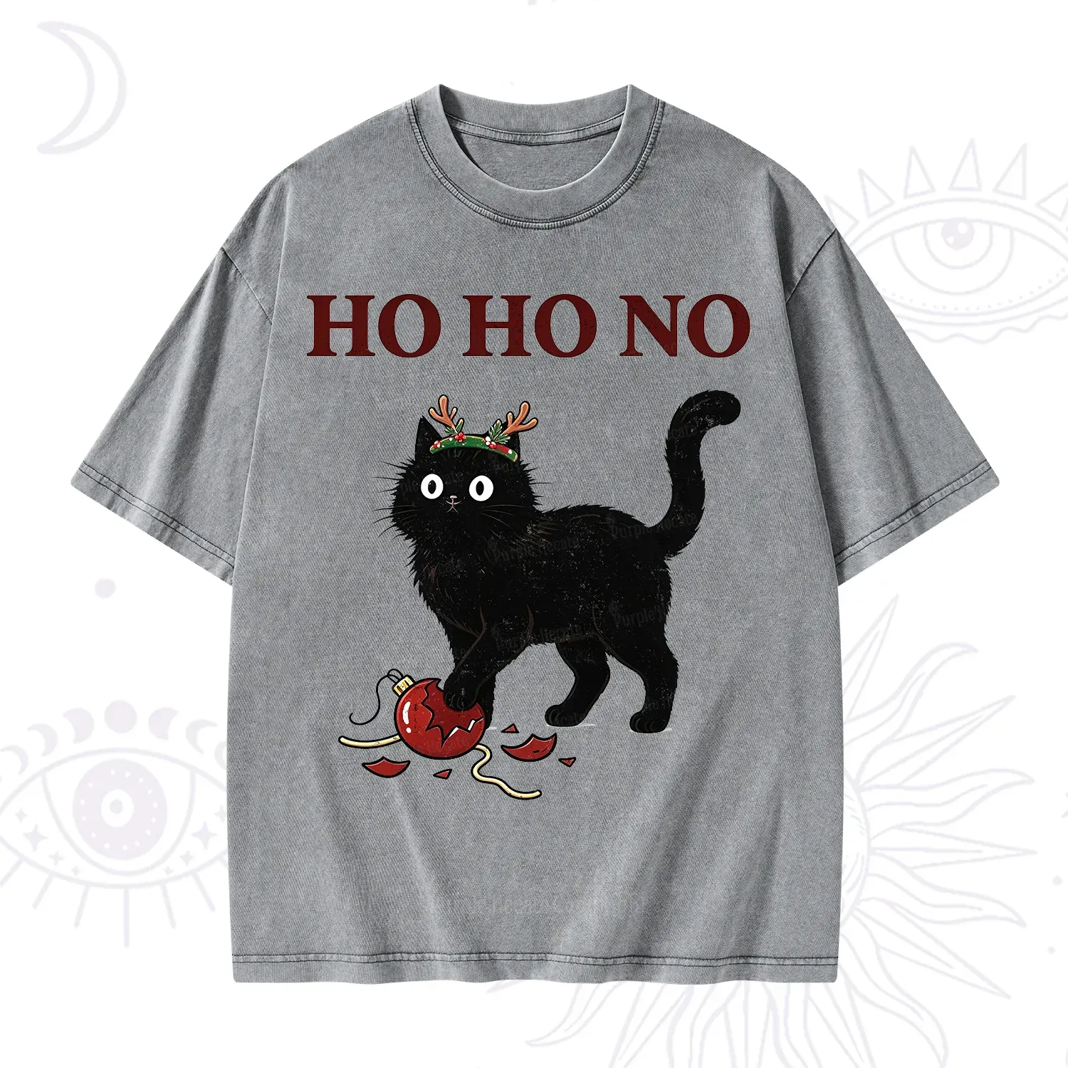 Purplehecate Black Cat Antlers Christmas Washed T-Shirt
