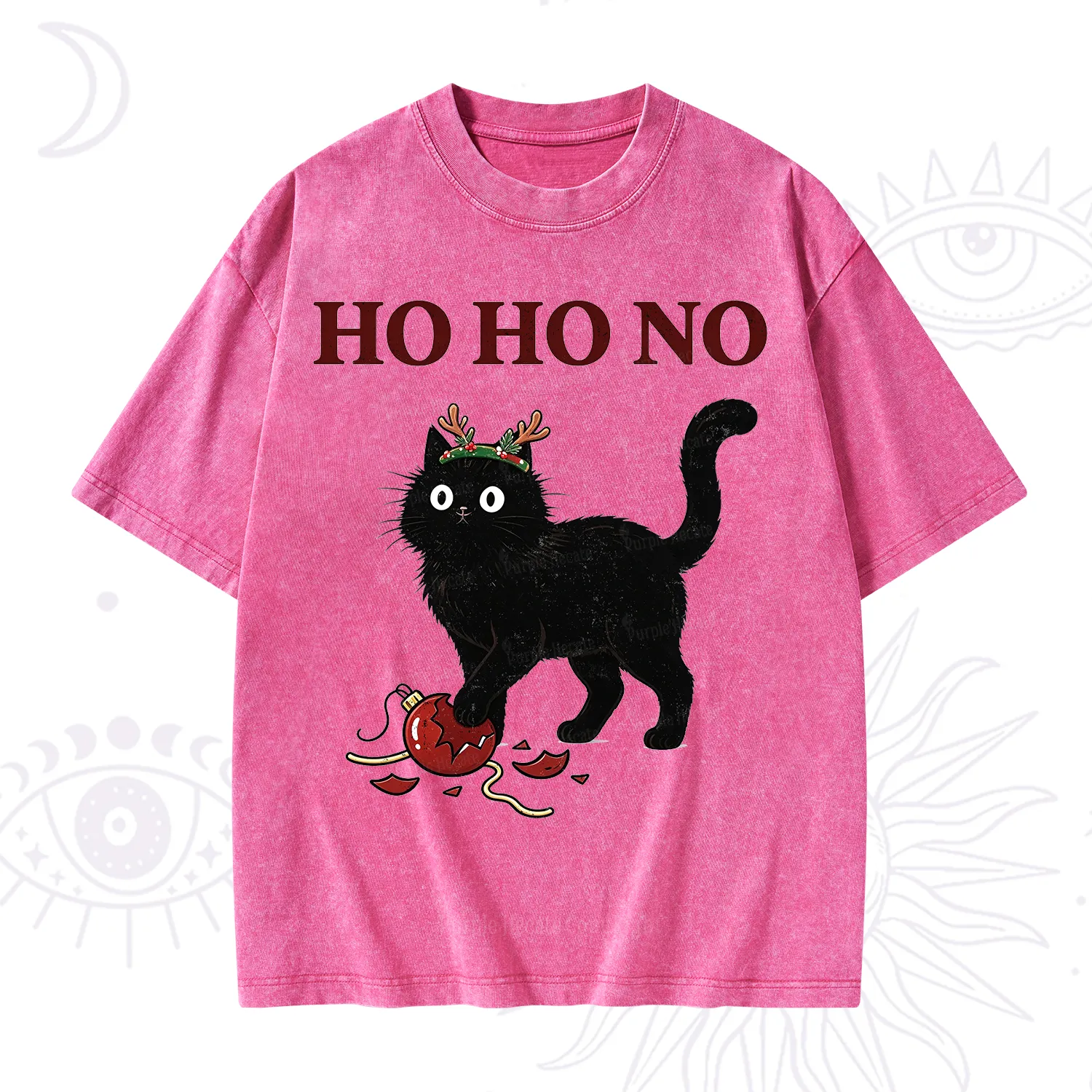 Purplehecate Black Cat Antlers Christmas Washed T-Shirt