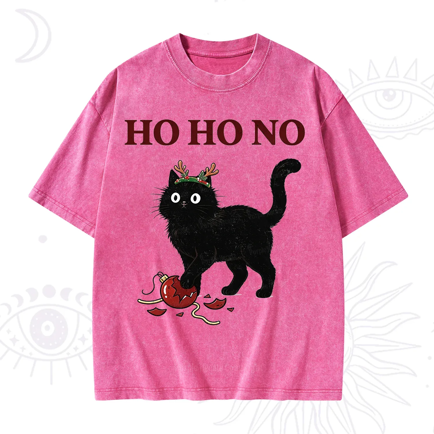 Purplehecate Black Cat Antlers Christmas Washed T-Shirt