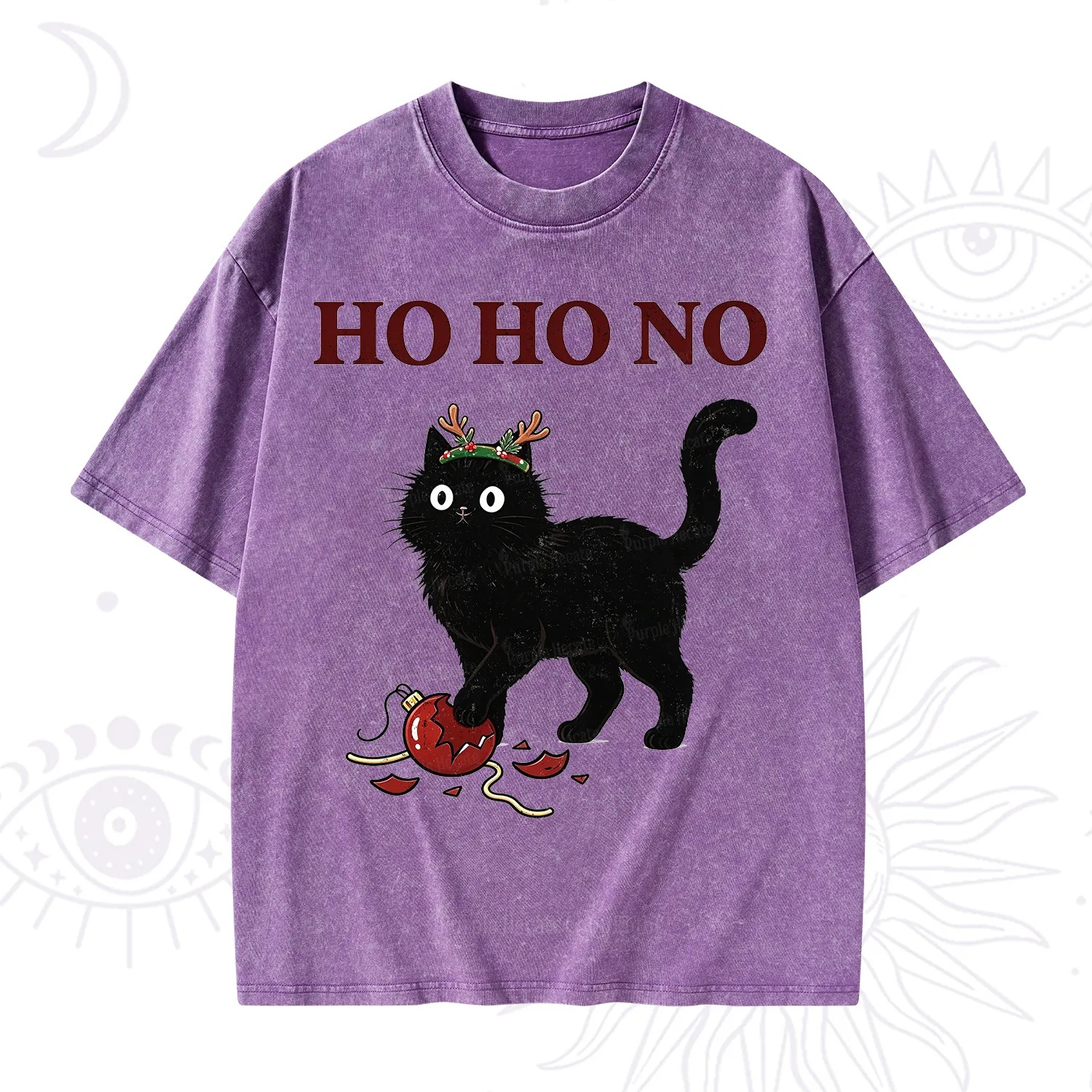 Purplehecate Black Cat Antlers Christmas Washed T-Shirt