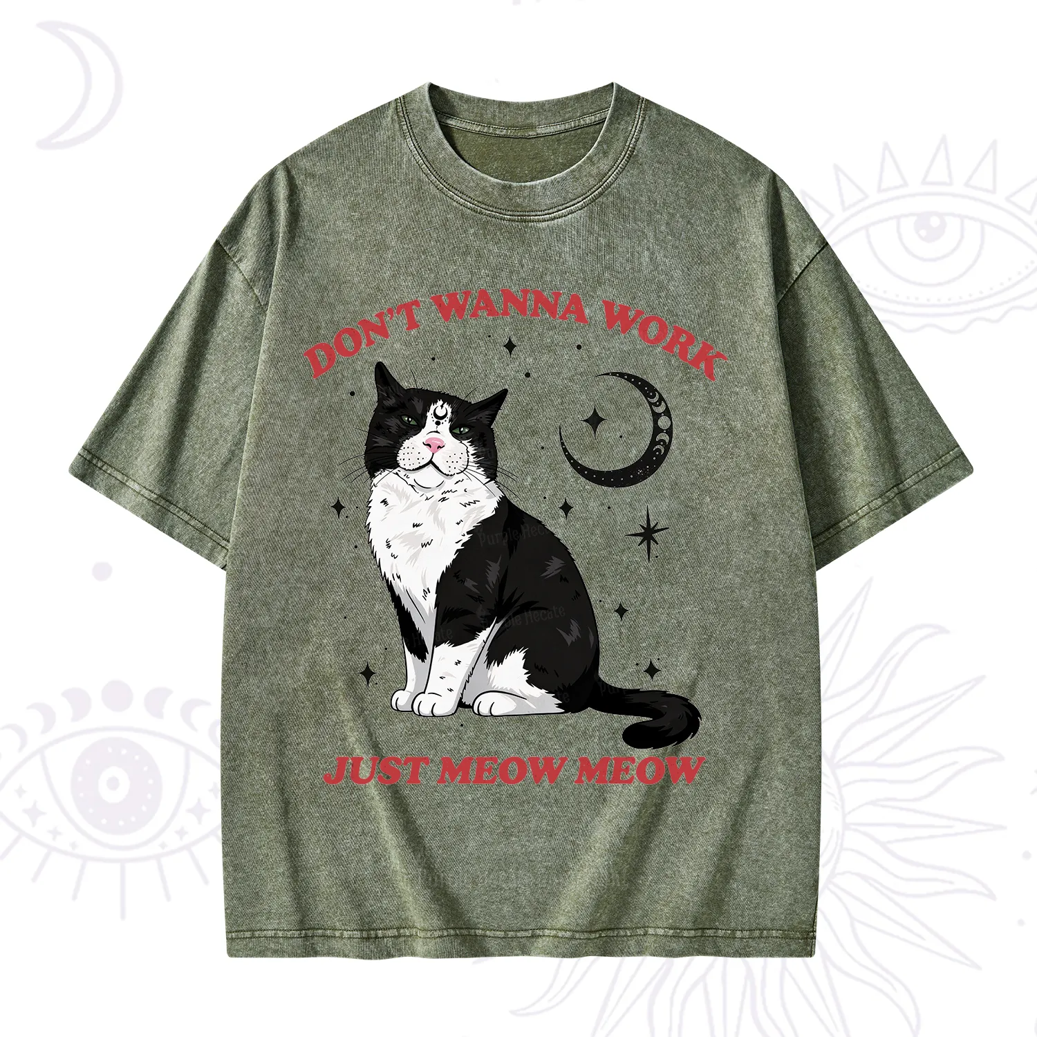 Purplehecate Don't Wanna Work Just Meow Meow Washed T-Shirt