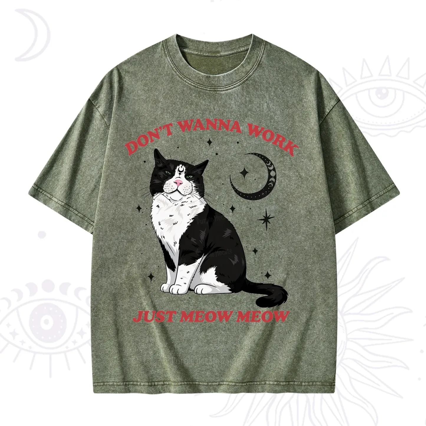 Purplehecate Don't Wanna Work Just Meow Meow Washed T-Shirt
