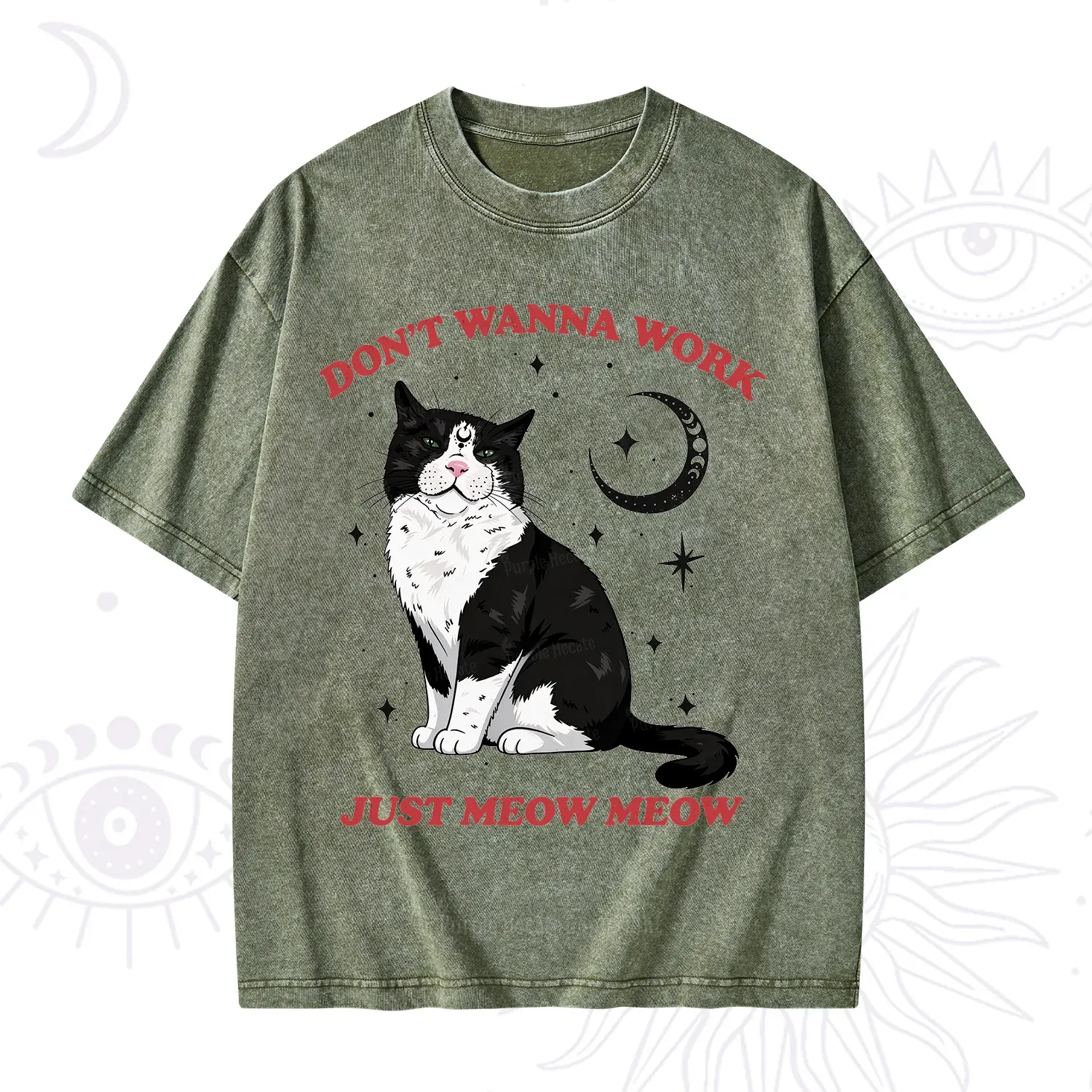 Purplehecate Don't Wanna Work Just Meow Meow Washed T-Shirt