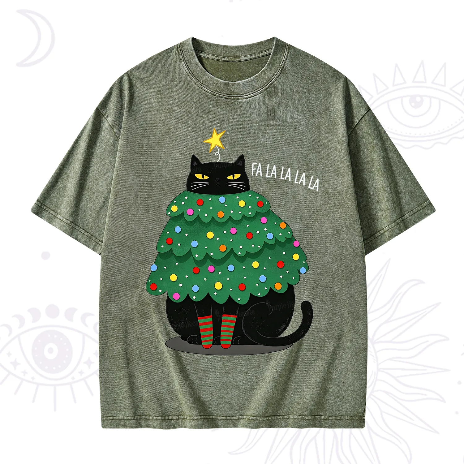 Purplehecate Chonky Black Cat Christmas Tree Washed T-Shirt