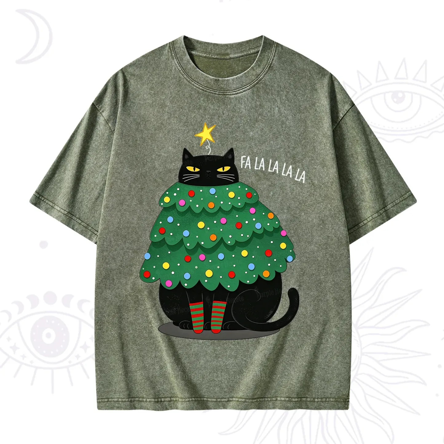 Purplehecate Chonky Black Cat Christmas Tree Washed T-Shirt