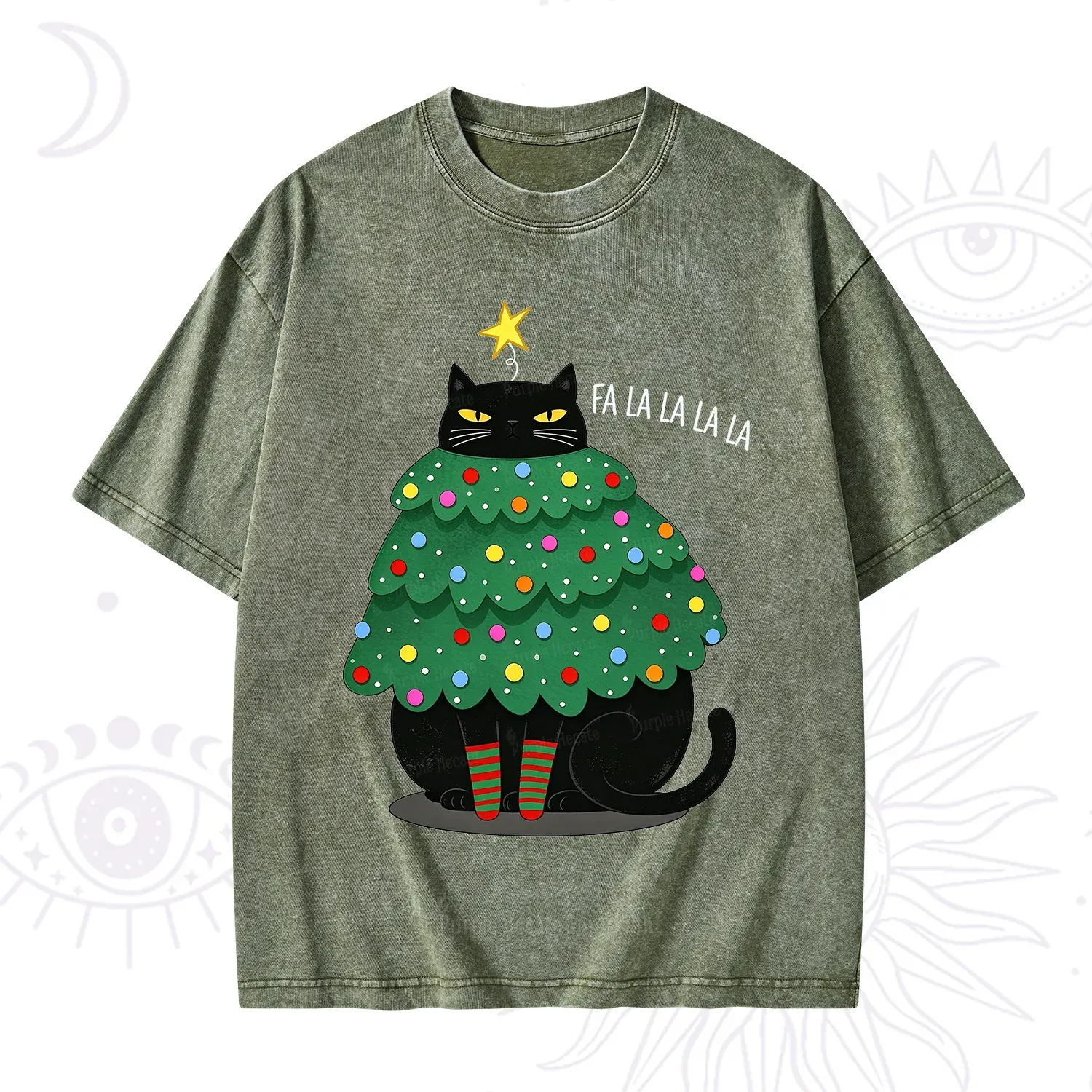 Purplehecate Chonky Black Cat Christmas Tree Washed T-Shirt