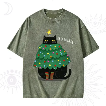Purplehecate Chonky Black Cat Christmas Tree Washed T-Shirt