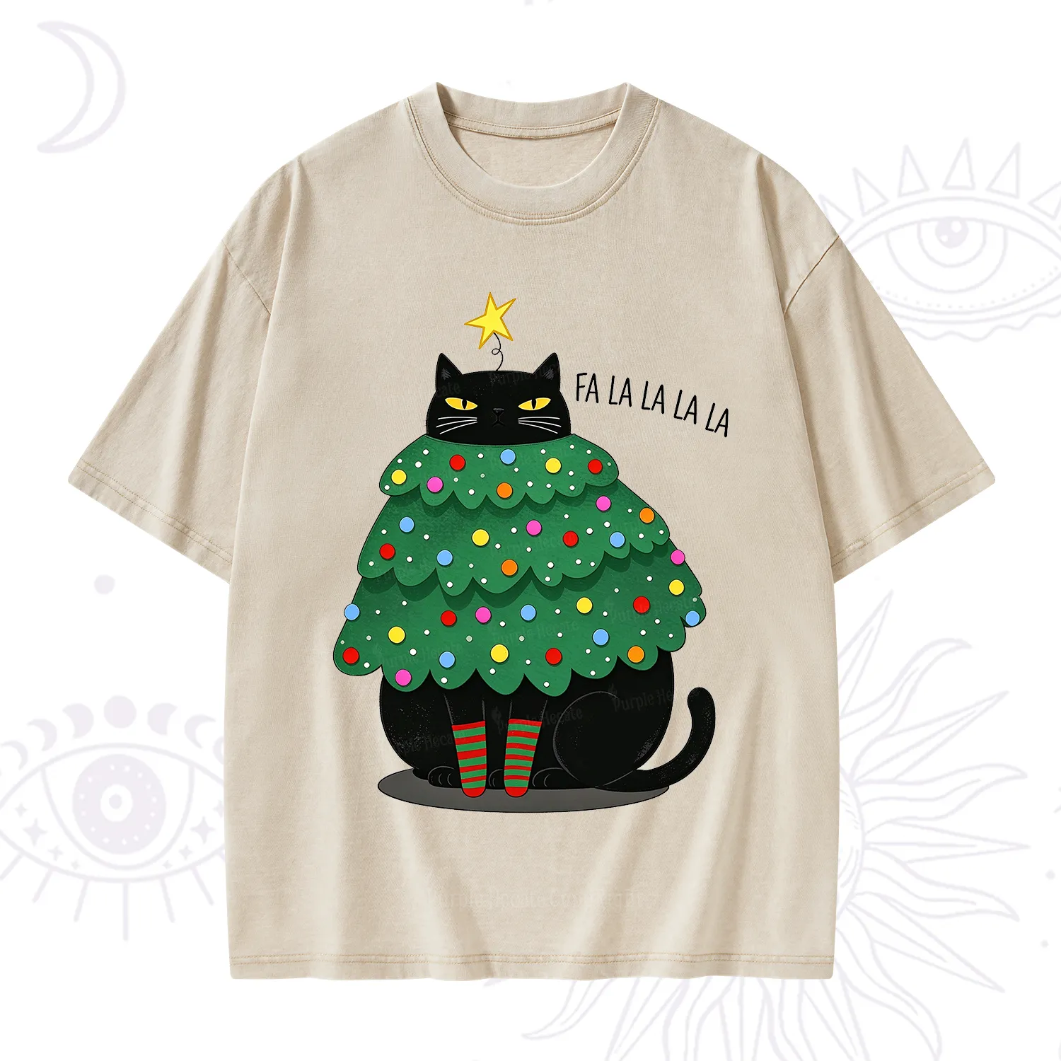 Purplehecate Chonky Black Cat Christmas Tree Washed T-Shirt