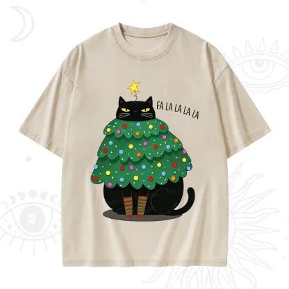 Purplehecate Chonky Black Cat Christmas Tree Washed T-Shirt