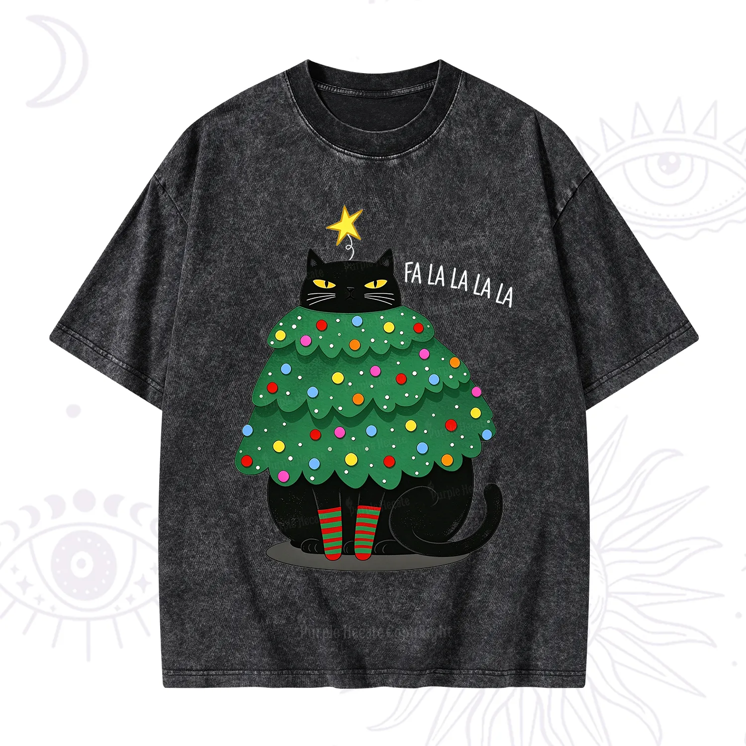 Purplehecate Chonky Black Cat Christmas Tree Washed T-Shirt