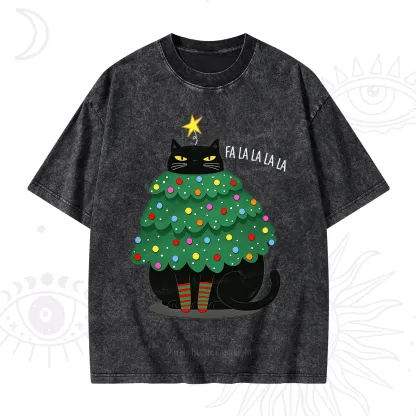 Purplehecate Chonky Black Cat Christmas Tree Washed T-Shirt