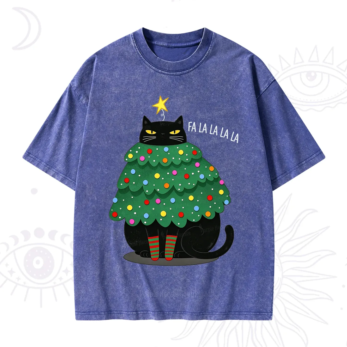 Purplehecate Chonky Black Cat Christmas Tree Washed T-Shirt