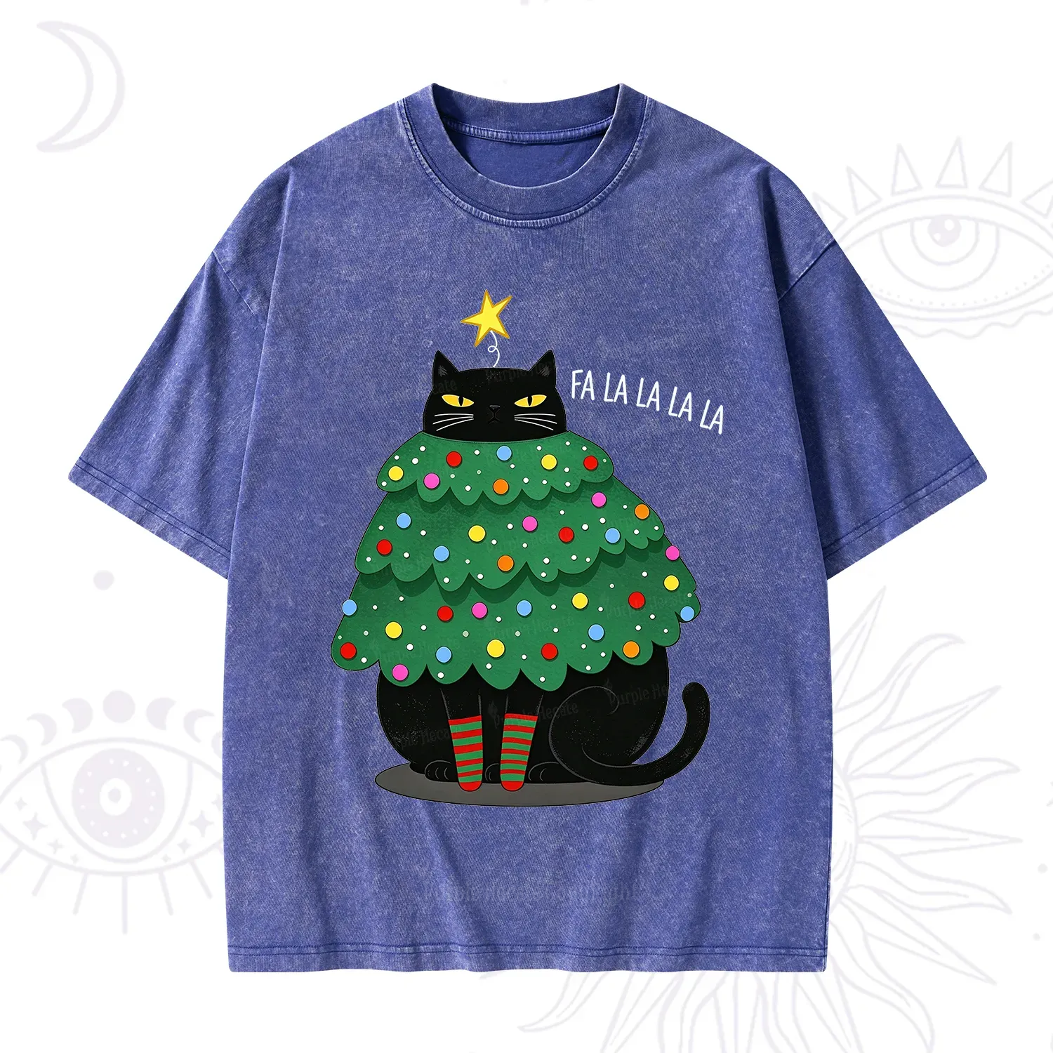Purplehecate Chonky Black Cat Christmas Tree Washed T-Shirt