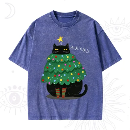 Purplehecate Chonky Black Cat Christmas Tree Washed T-Shirt