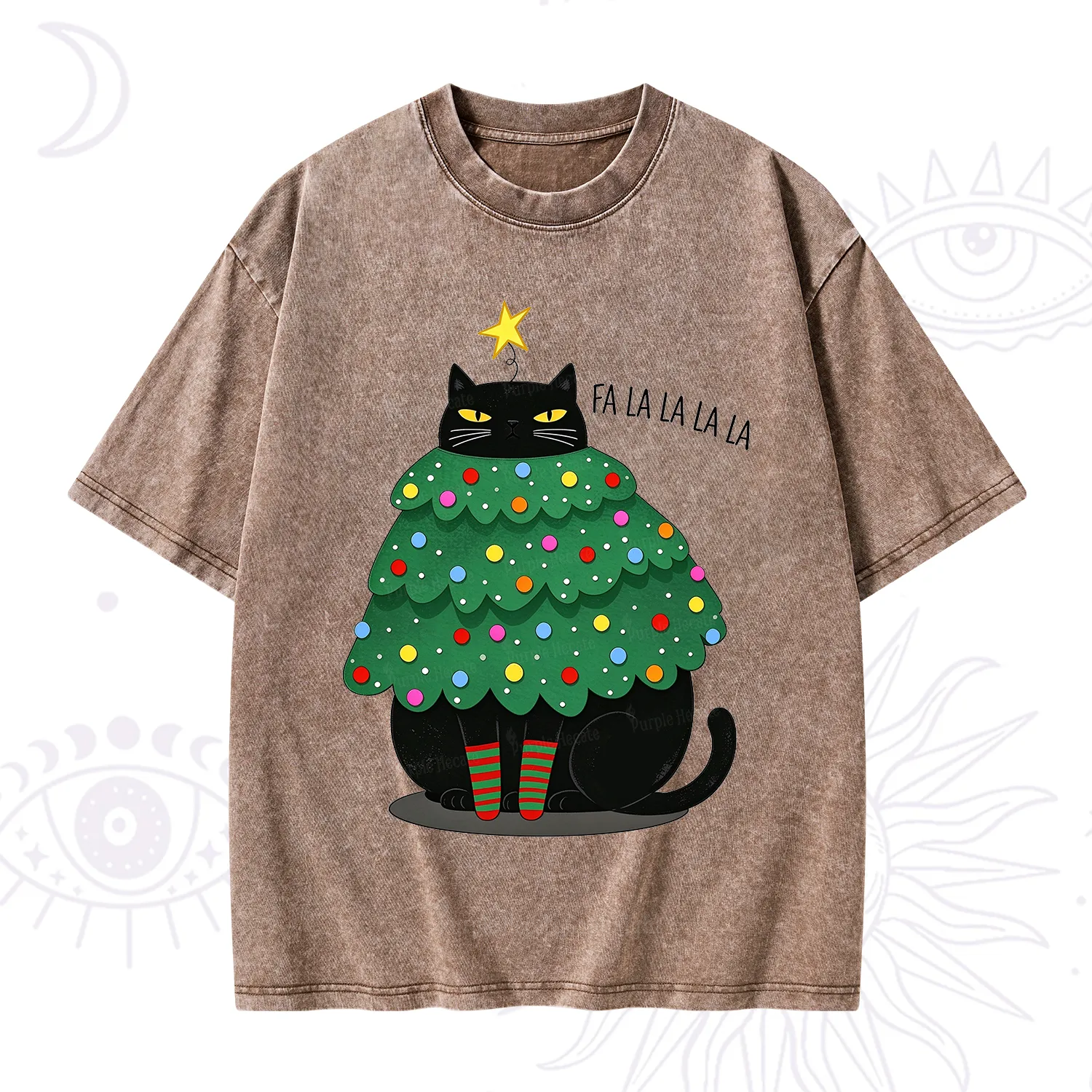 Purplehecate Chonky Black Cat Christmas Tree Washed T-Shirt