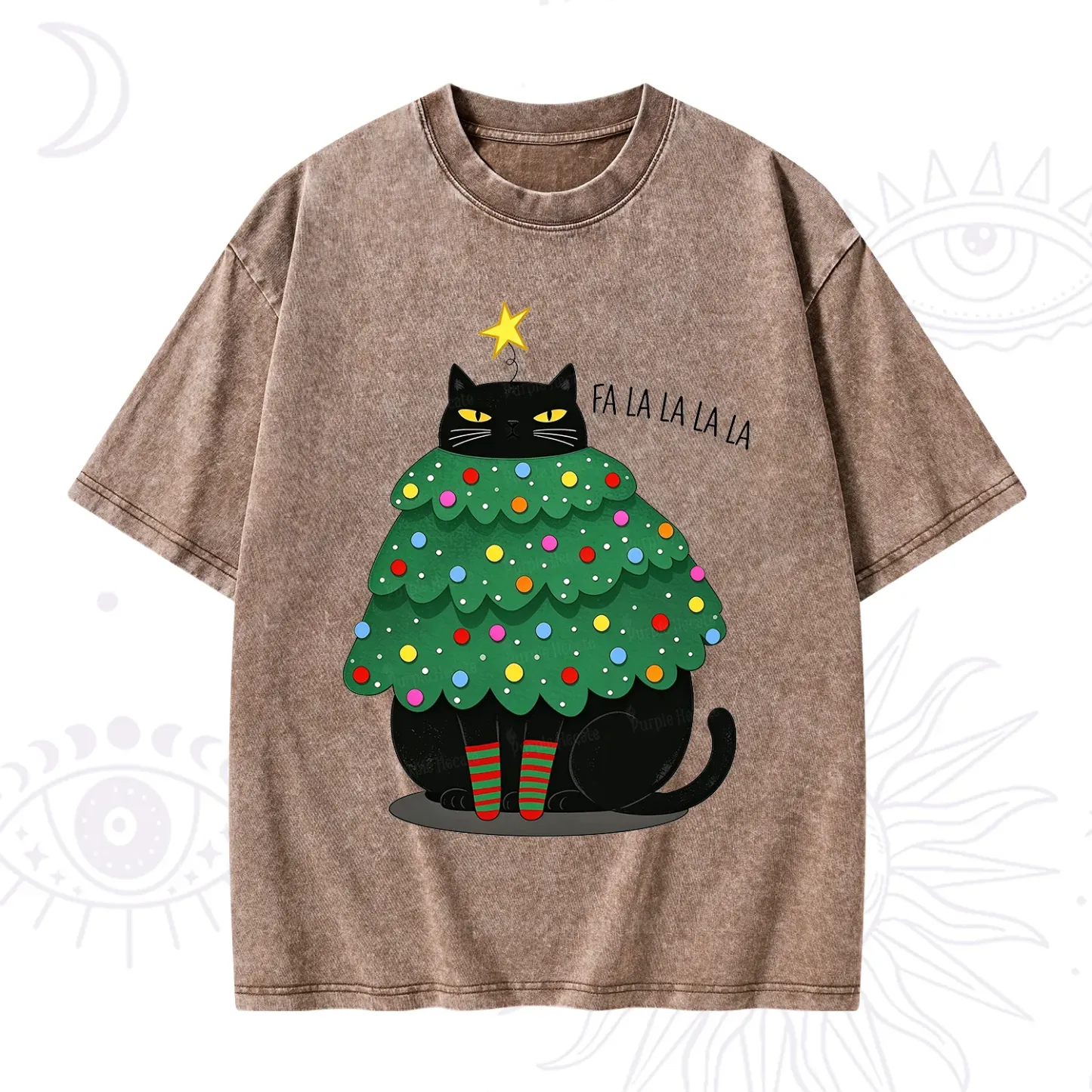Purplehecate Chonky Black Cat Christmas Tree Washed T-Shirt