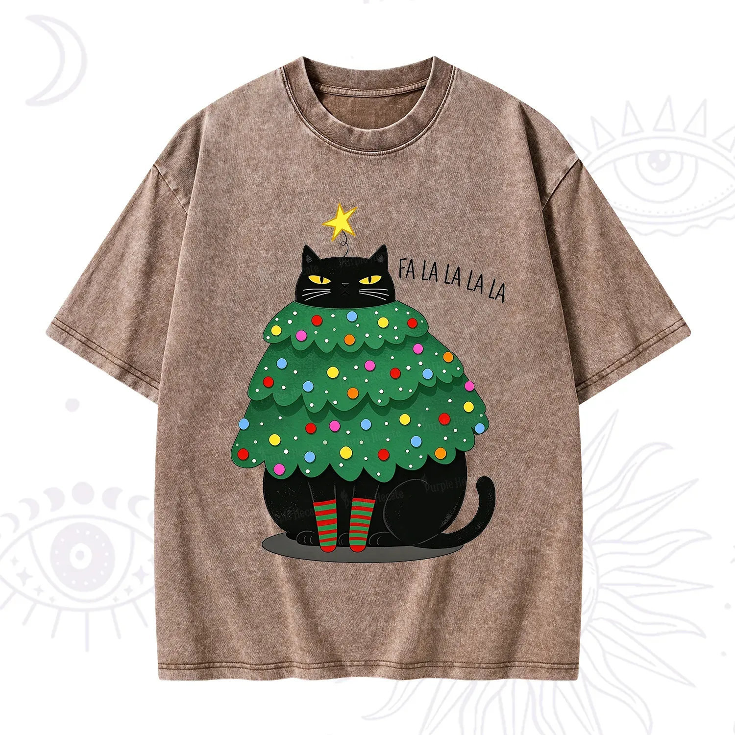 Purplehecate Chonky Black Cat Christmas Tree Washed T-Shirt