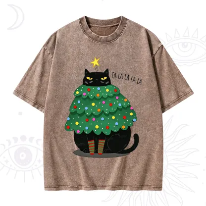 Purplehecate Chonky Black Cat Christmas Tree Washed T-Shirt