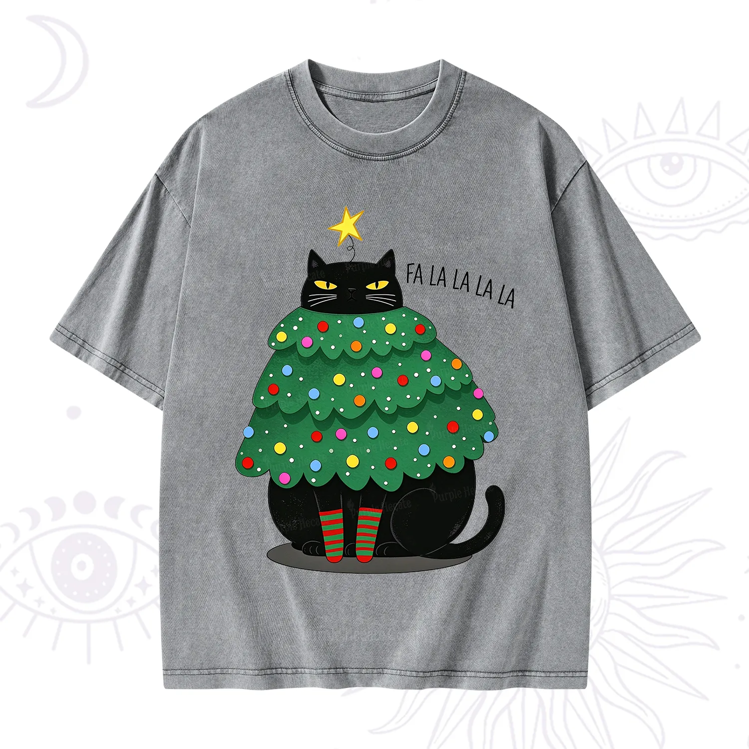 Purplehecate Chonky Black Cat Christmas Tree Washed T-Shirt