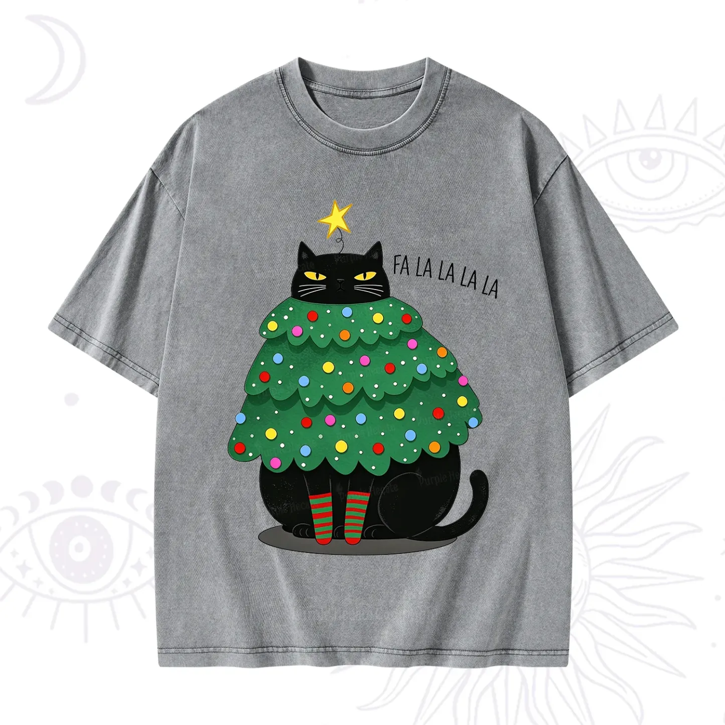 Purplehecate Chonky Black Cat Christmas Tree Washed T-Shirt