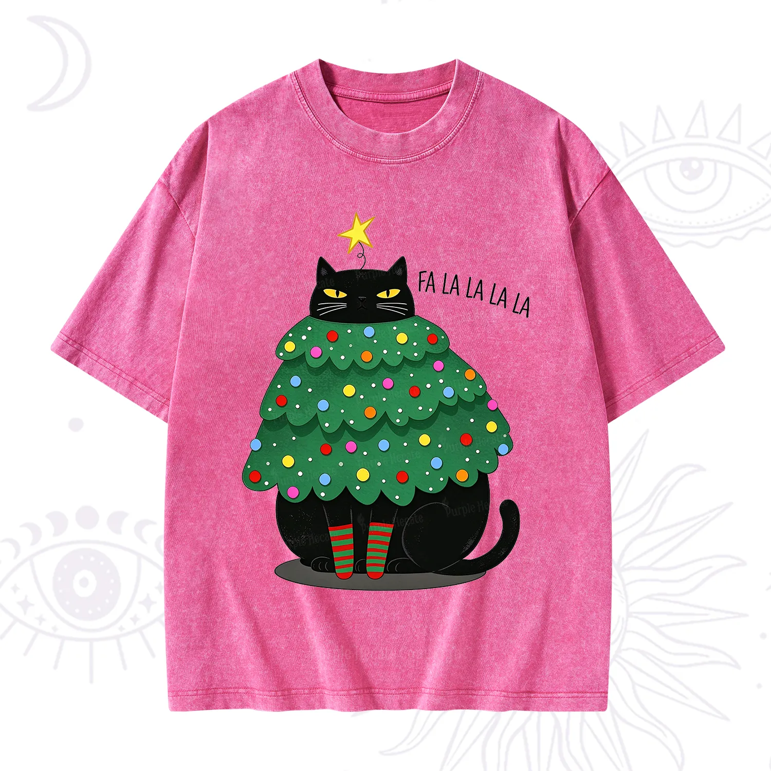 Purplehecate Chonky Black Cat Christmas Tree Washed T-Shirt