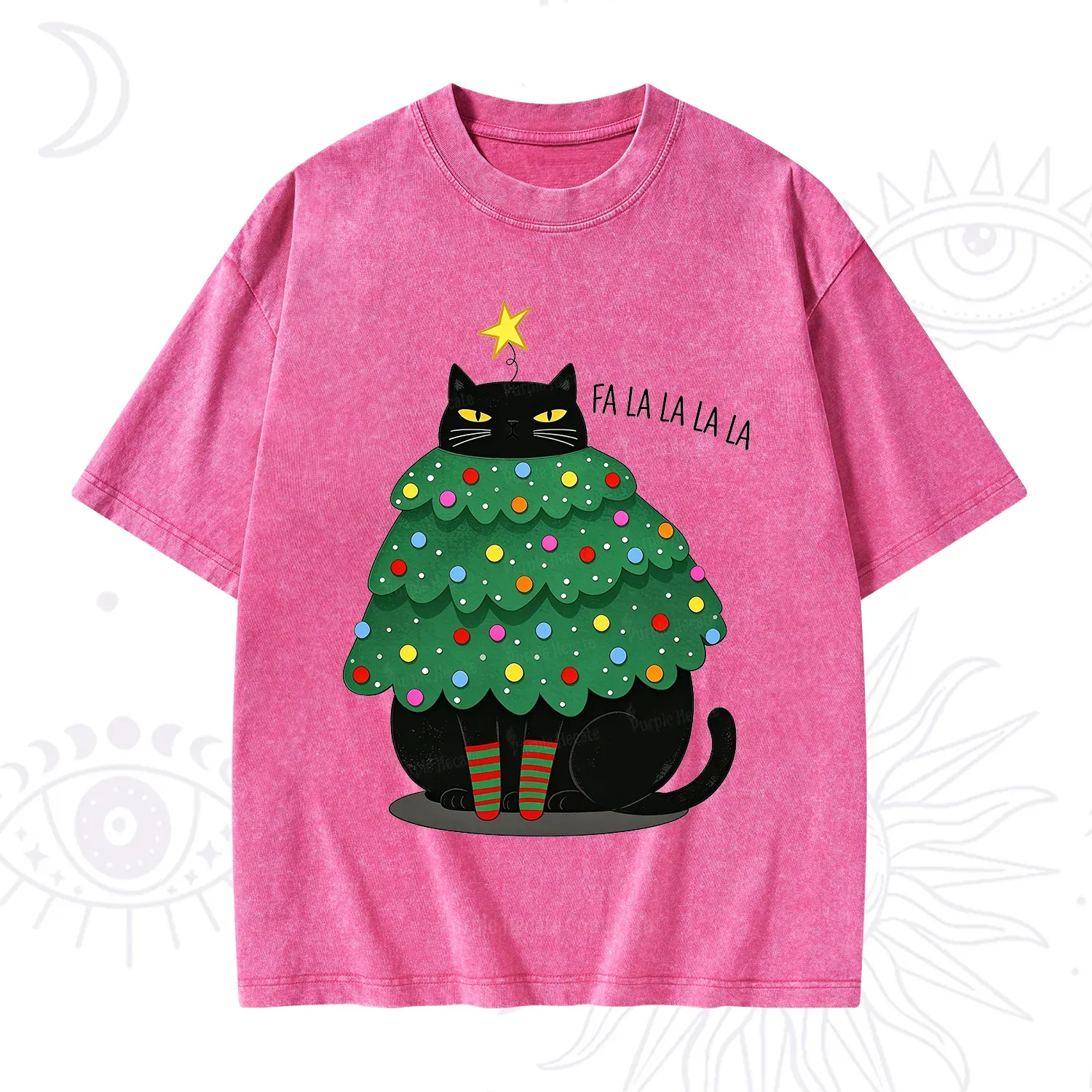 Purplehecate Chonky Black Cat Christmas Tree Washed T-Shirt