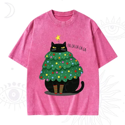 Purplehecate Chonky Black Cat Christmas Tree Washed T-Shirt