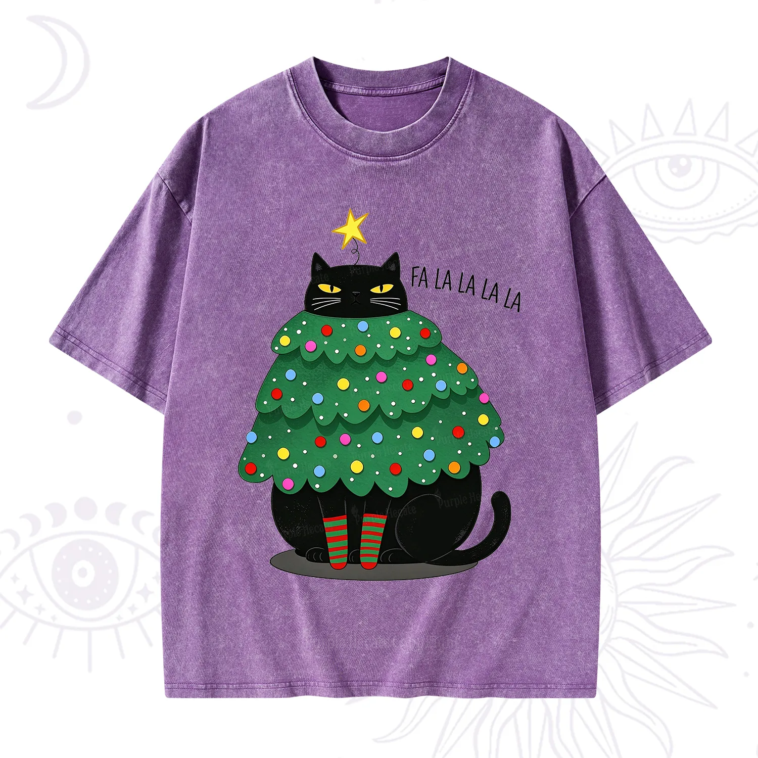 Purplehecate Chonky Black Cat Christmas Tree Washed T-Shirt